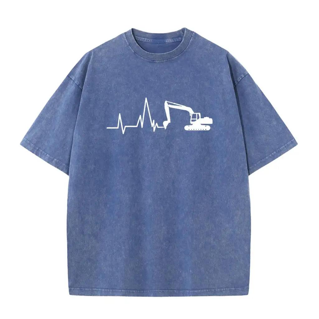 Yeni Ekskavatör Yıkanmış Tişört Erkek Pamuk Ekskavatörün Kalp Atışı Ağartılmış Tişört Erkek Giyim Ağartma Tişört