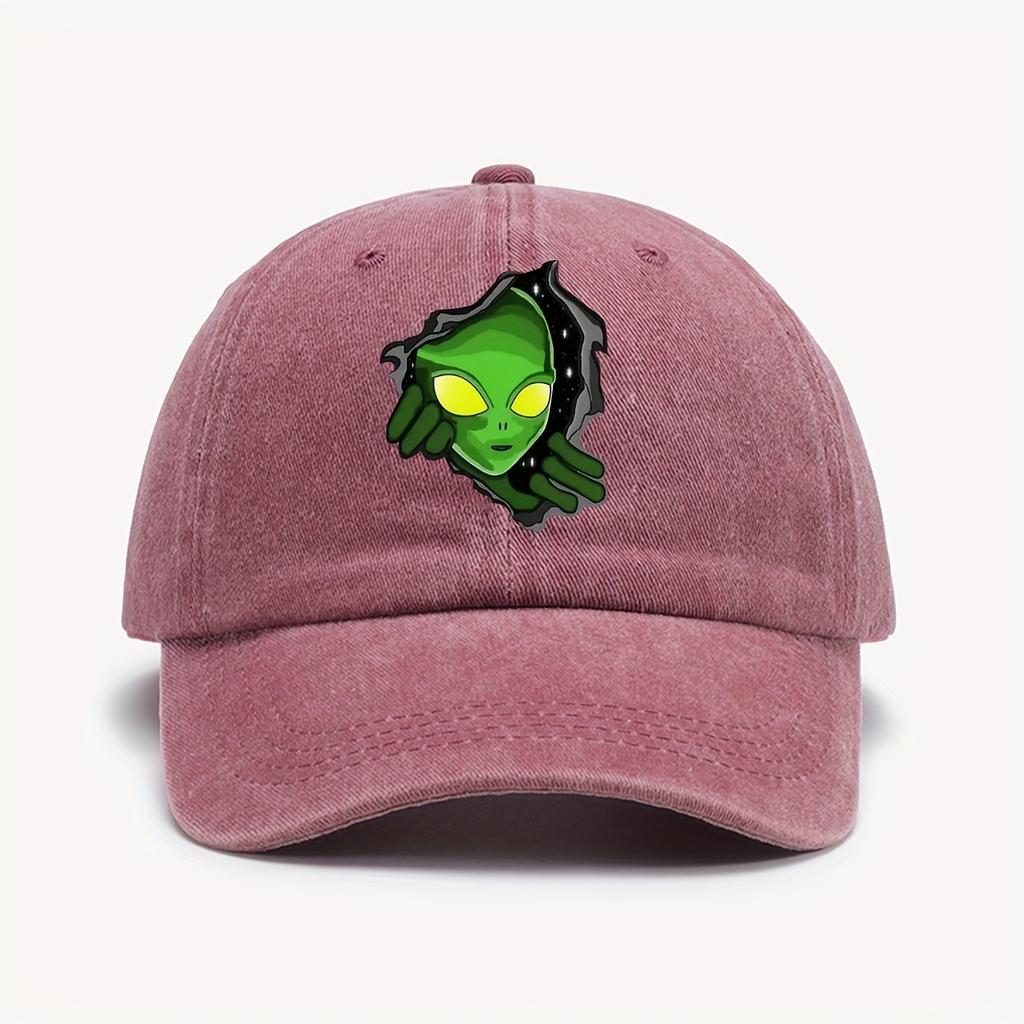 1 Piece Green Vintage Washed Baseball Cap Alien Print Sun Hat Adjustable For Halloween and Outdoor Fashion Headwear