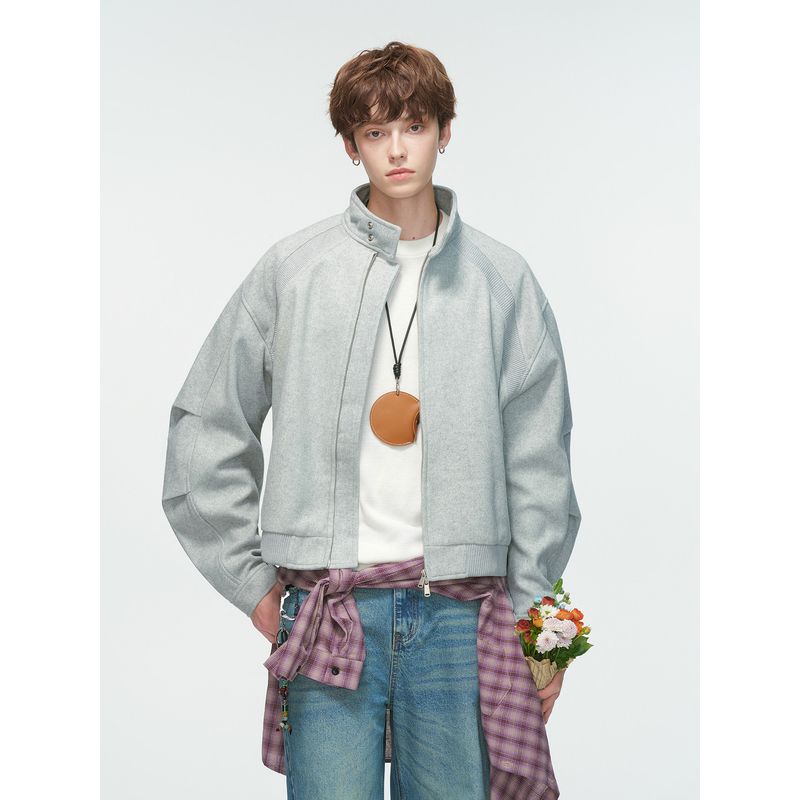 Dream Made American-Style Cleanfit Stand-Up Collar Woolen Jacket for Men, Spring and Autumn Boxy Short Silhouette Jacket