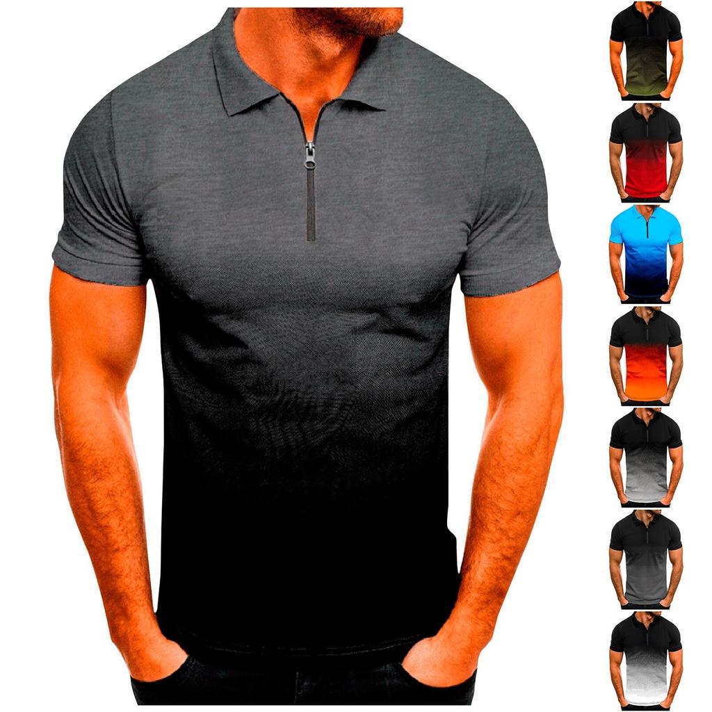 Men's Summer Gradient Color Lapel Shirts Men's Casual Fashion Zipper Shirts