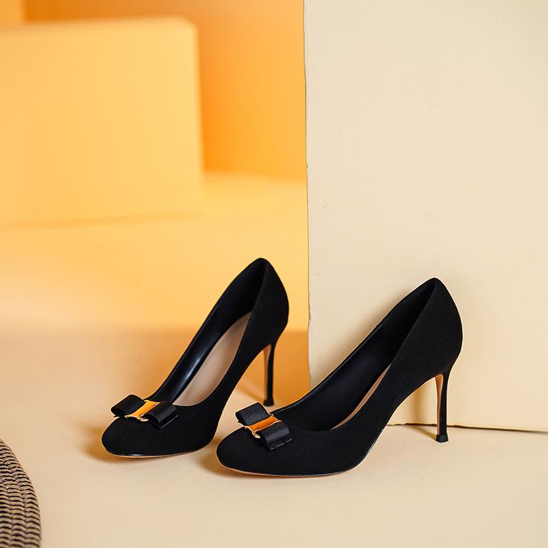 Suede not tired feet French round head bow stiletto high heels 2025 new commuter shallow mouth work single shoes women