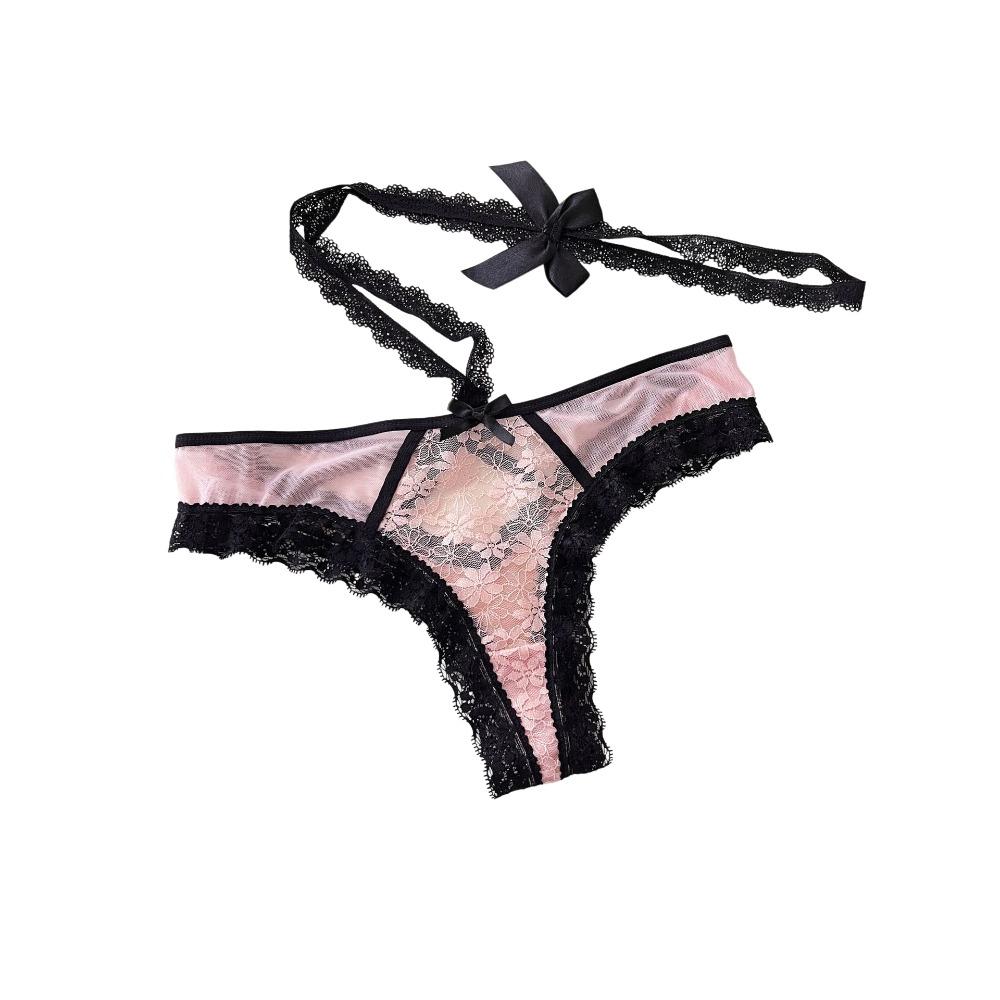 Bow Hanging Neck Chain Mesh Floral Bowknot Panties Underwear for Women  Valentine's Day Gift