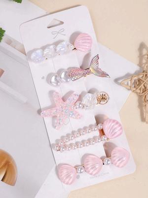 5 ks/sada Gril série Marine Faux Perla & Hvězdice Tvarovaná Sponka do vlasů Rybí ocas