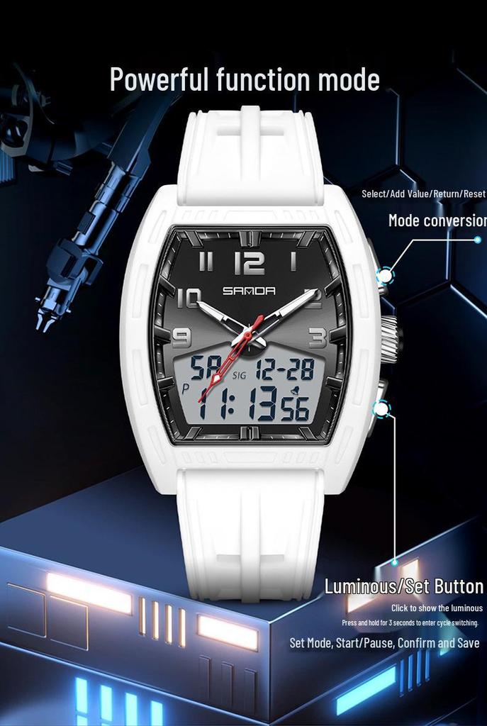 SANDA Men's Waterproof Luminous Sports Watch - Countdown & Multifunctional Barrel-Shaped Electronic Watch with Large Dial