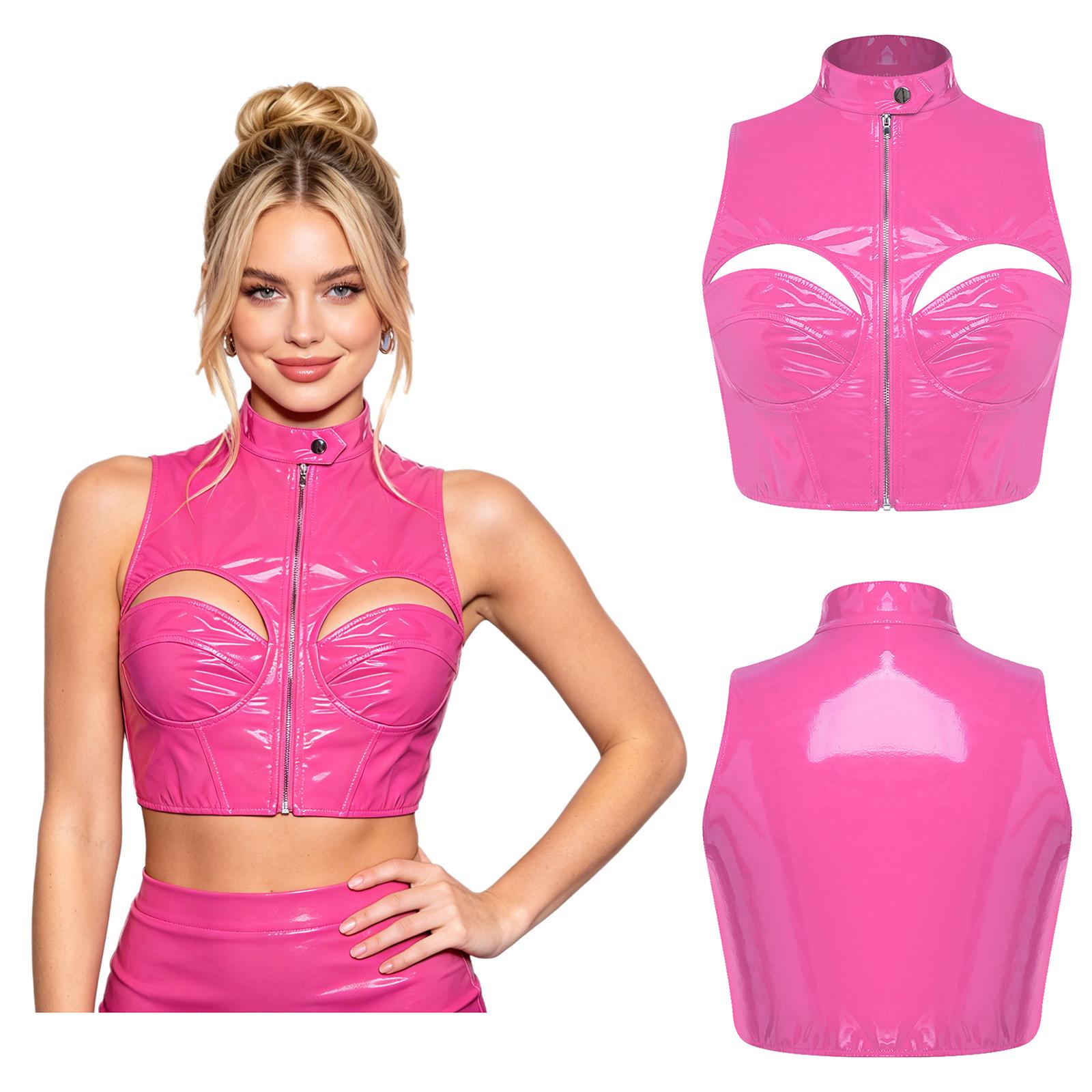 Damen Nasses Aussehen PU-Leder Crop Top Ausgeschnitten Stehkragen Ärmellos Reißverschluss vorne Weste Tanktop Glänzend Clubwear für Party Nachtausflug M rosa
