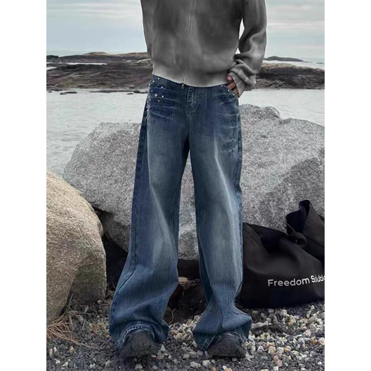 

Унисекс Ретро Джинсы Деним Прямого Кроя с Потертостями и Декоративными Молниями M синий