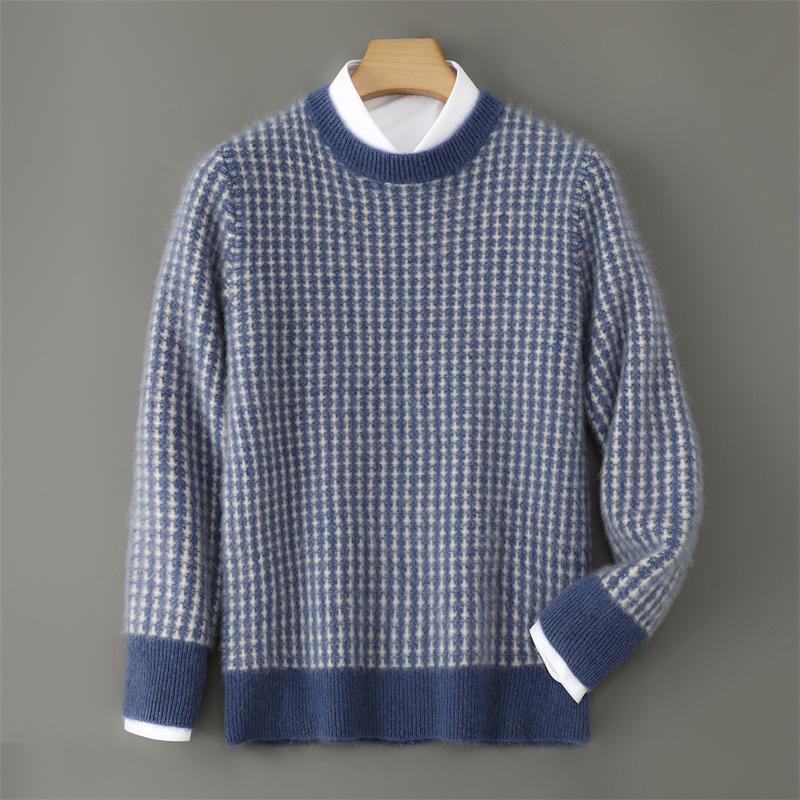 Men s Color-Blocked 100% Wool Sweater, Autumn/Winter Round Neck, Loose Fit Diamond Jacquard Knit. Large