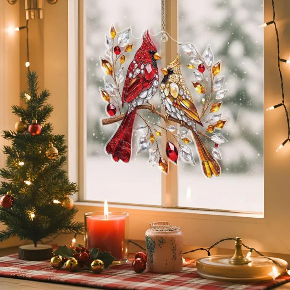 Colorful Holiday Decorations Christmas Ornament Set Stained Glass Bird Couple Suncatcher Gifts for Women Bird Lovers Window Wall
