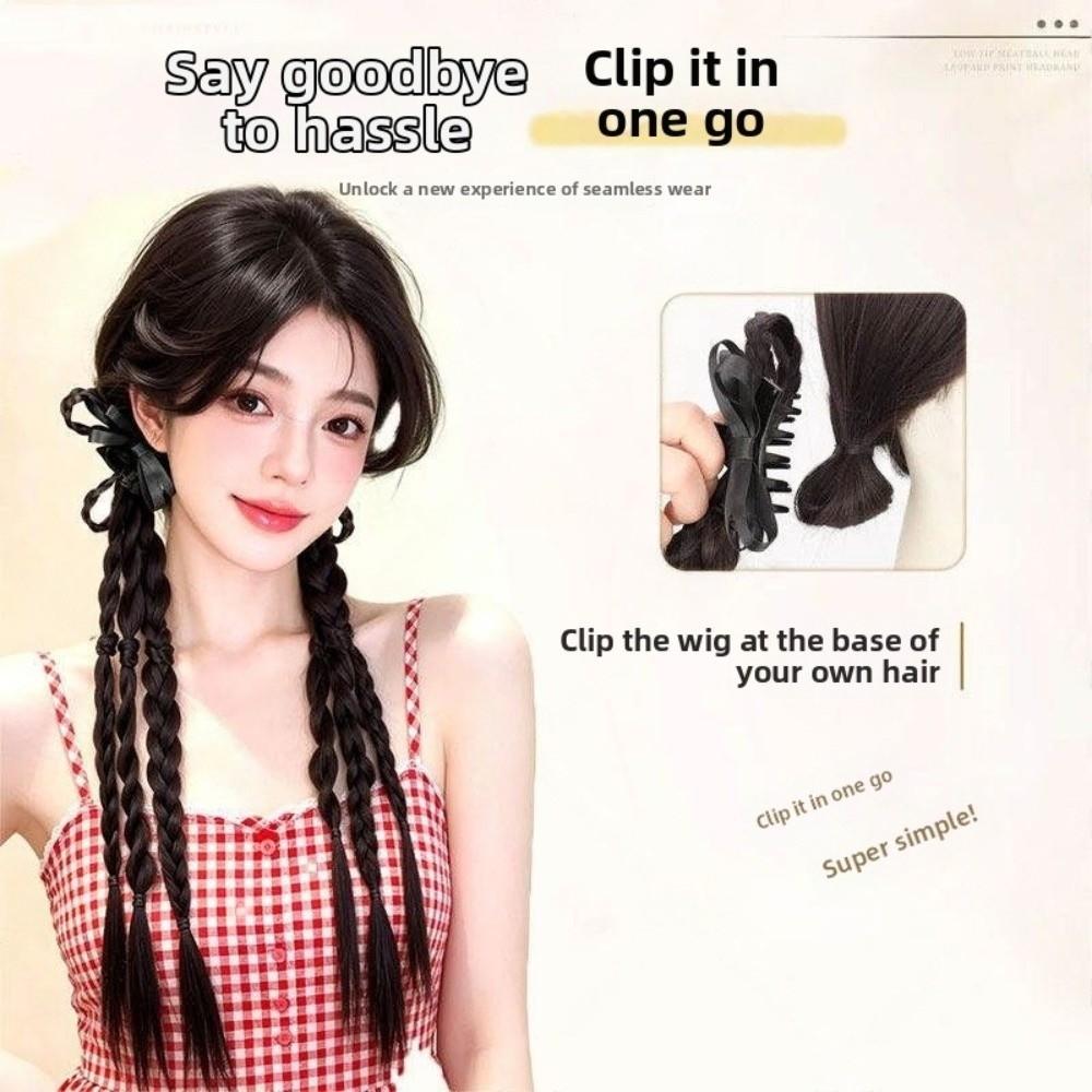 2pcs Sweet Twist Braid Hairpiece Handmade Girls Bow Wig Hairbands  for Women