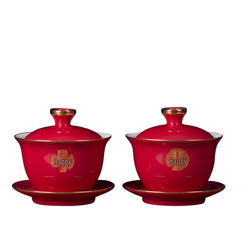 Chinese Red Ceramic Gold Rim Gaiwan Tea Set