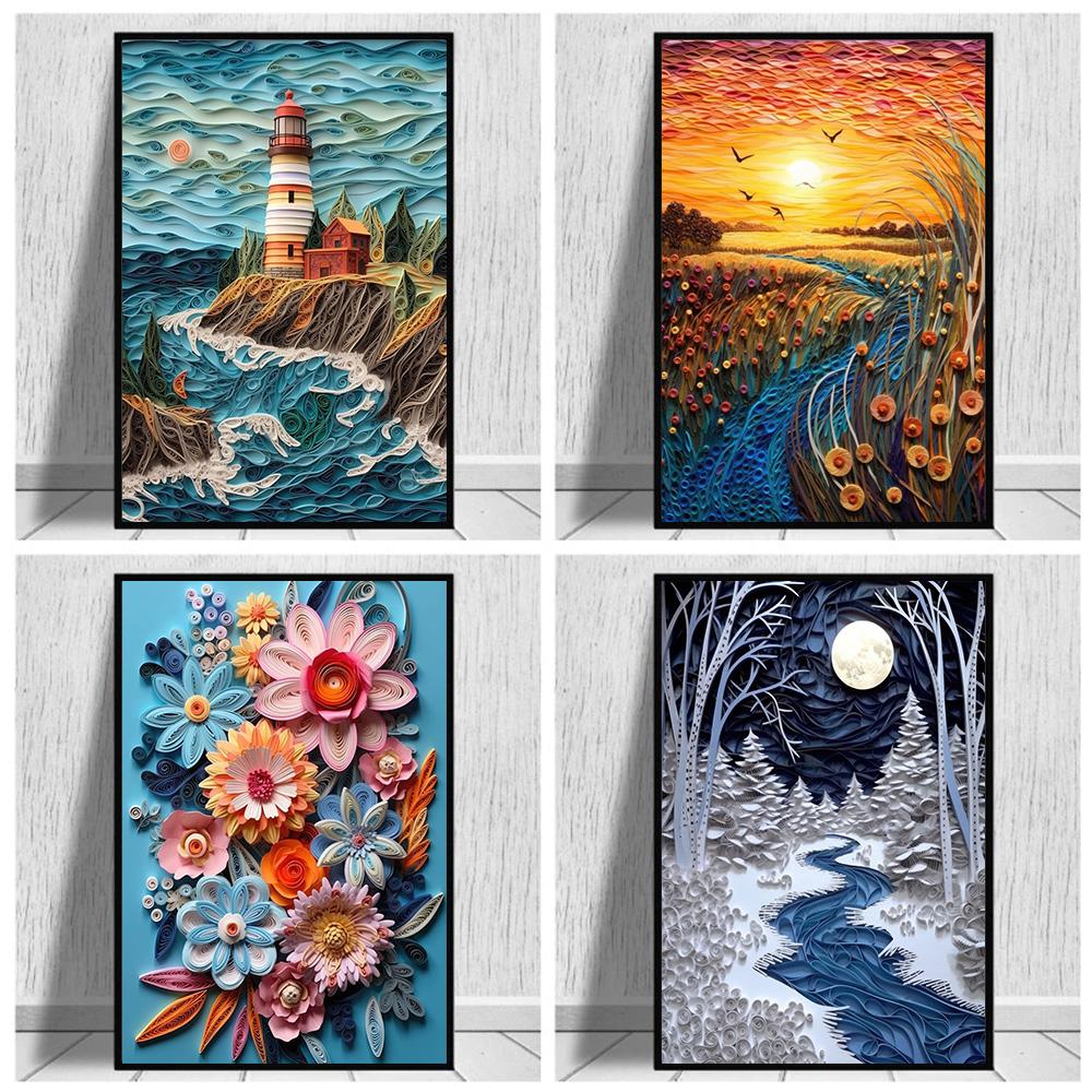 Paper Quilling Visual Effects Landscape Prints Poster Canvas Painting Modern Wall Art Picture For Living Room Bedroom Home Decor
