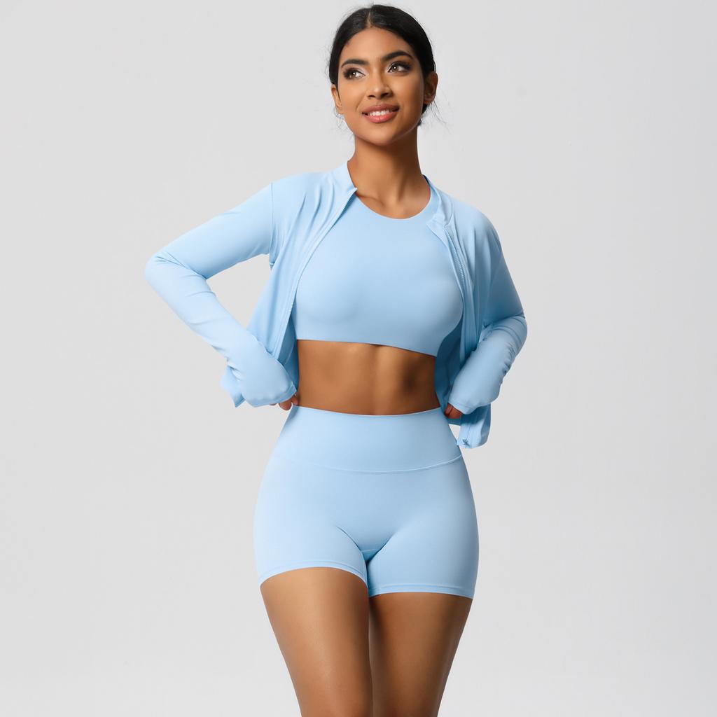 High Waisted Tight Yoga Suit, Nude Quick Drying Exercise Set For Women, Outdoor Leisure, Slimming And Fitness Three Piece Set For Women