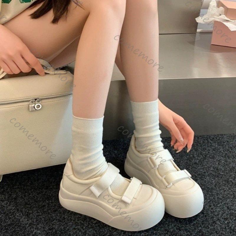 Fashion Comemore White Shoes for Women Thick Bottom Round Head Mary Janes Shoes Casual Height Increase Shallow Mouth Sneakers Female
