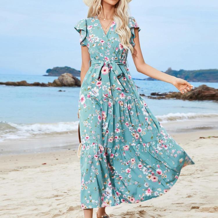 Sleeveless Bohemian High Waist A-Line Dress Floral Print Ankle-Length Women Casual V-neck Beach Vacation Lace Up Summer Dress