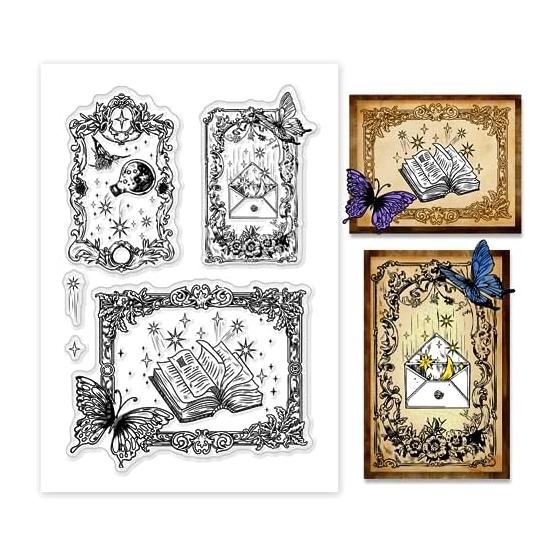 PH PandaHall Clear Stamp Retro Style Envelope Magic Book Pattern Silicone Stamp Rubber Stamp for Notebook Antique Craft Card Letter Decoration