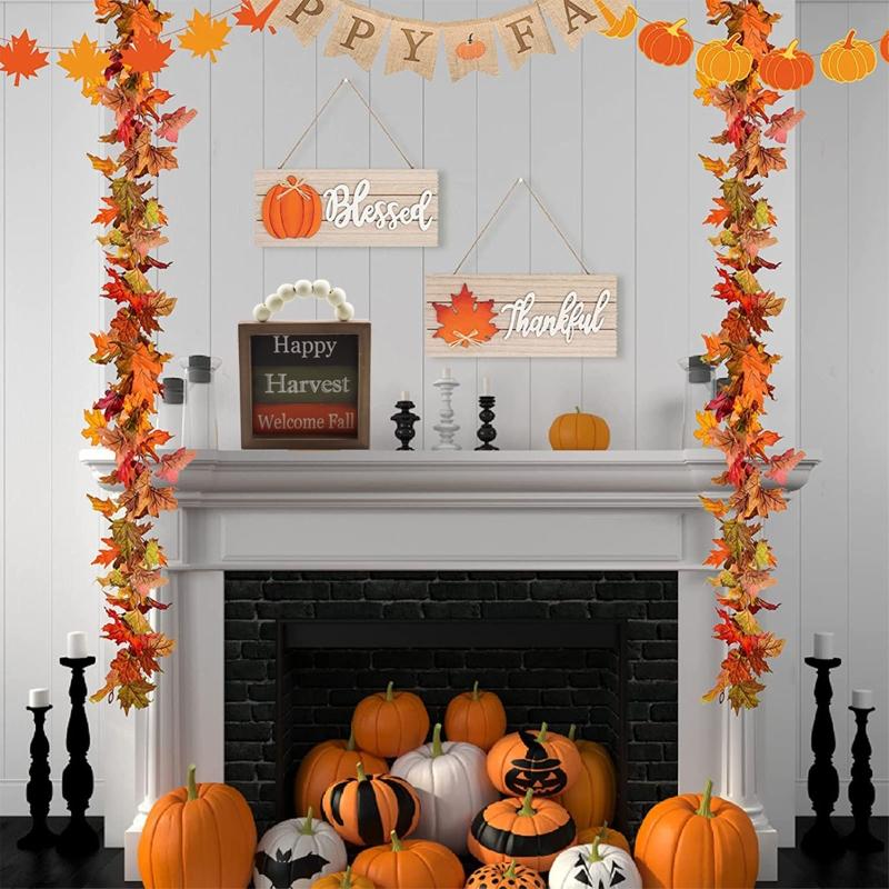 Fall Wood Front Door Hanging Sign Letter Wooden Plaque Fall Decor Autumn Plant Wood Wall Art Hanging for Farmhouse Home