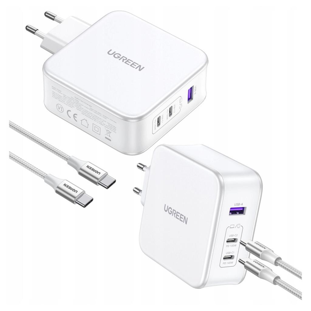 Ładowarka Sieciowa Ugreen 15339 Nexode, 2Xusb-C, Usb-A 3.0, Pd3.0, Qc4.0, Gan, 140W (Biała)