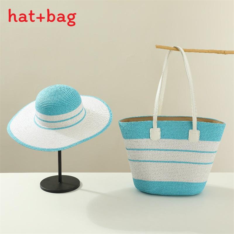 Woven Sun Hat And Large Capacity Straw Tote With Striped Pattern For Travel And Casual Wear