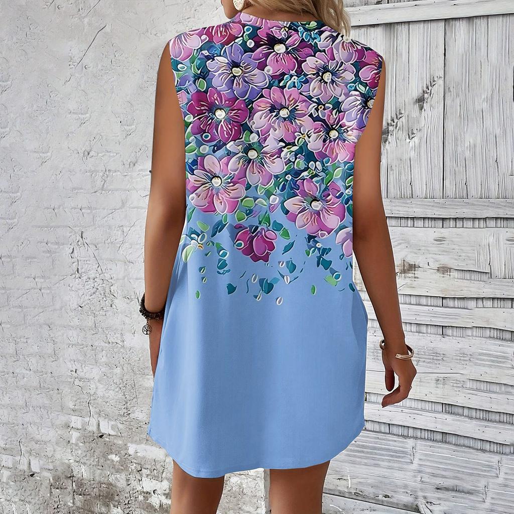 Women's Casual And Fashionable Round-neck Sleeveless Printing Mid Length Dress