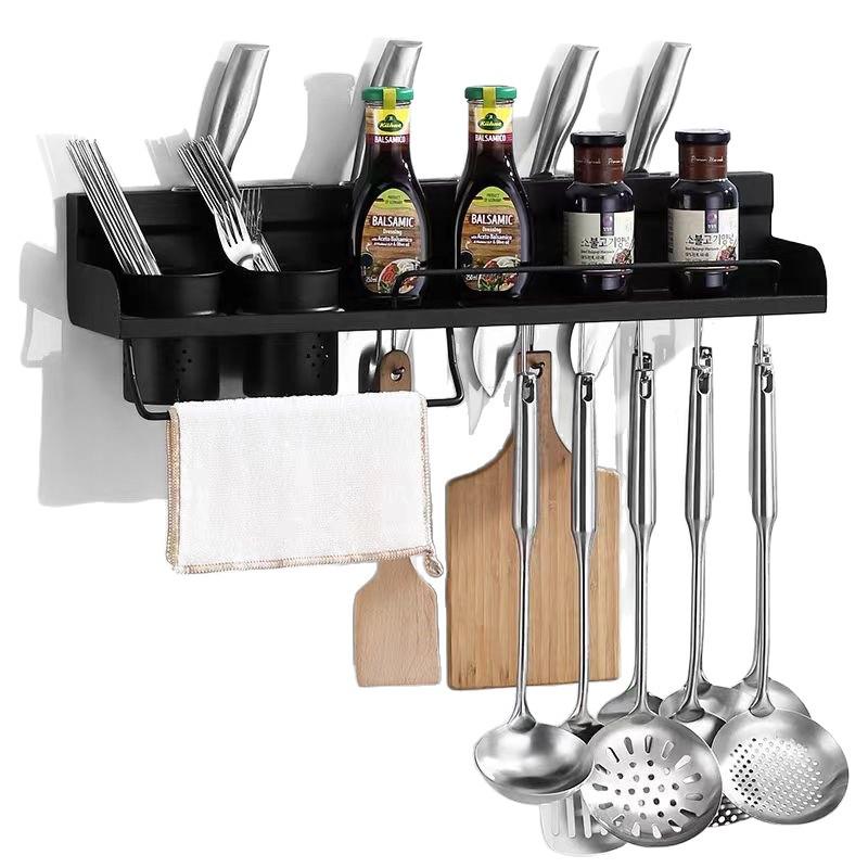 Wall-Mounted 304 Stainless Steel Kitchen Rack: Punch-Free Knife Holder & Multifunctional Seasoning Storage.