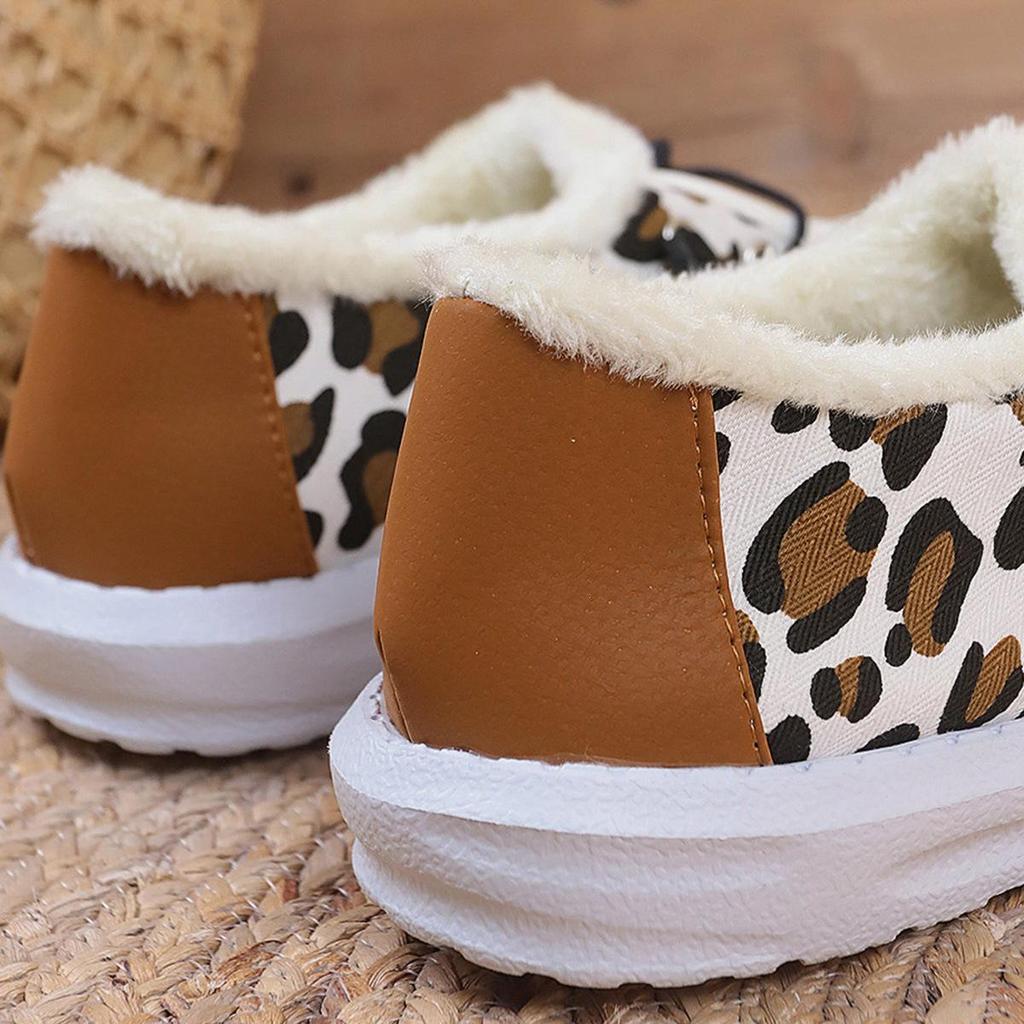 Women's Leopard Print Slip-On Snow Boots - Cotton, Plush, Flat Bottom, Large Sizes (Autumn/Winter)