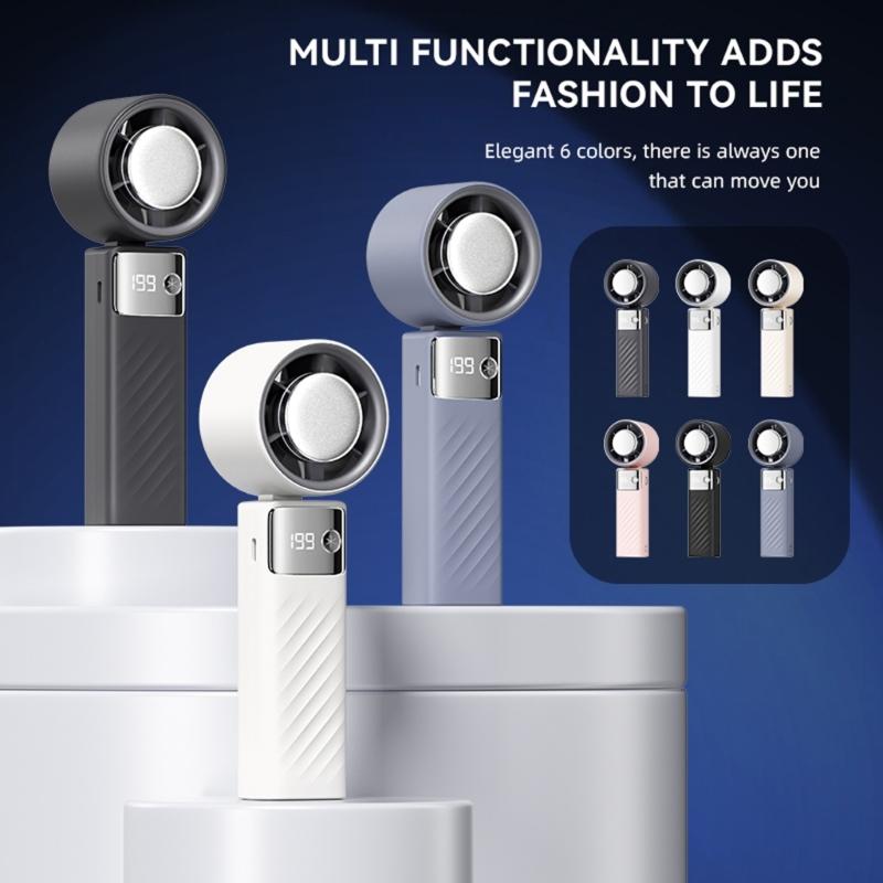 Handheld Pocket Fan USB Rechargeable LED Digtal Display Fan with Strong Airflows Cooling Device for Hot Weather