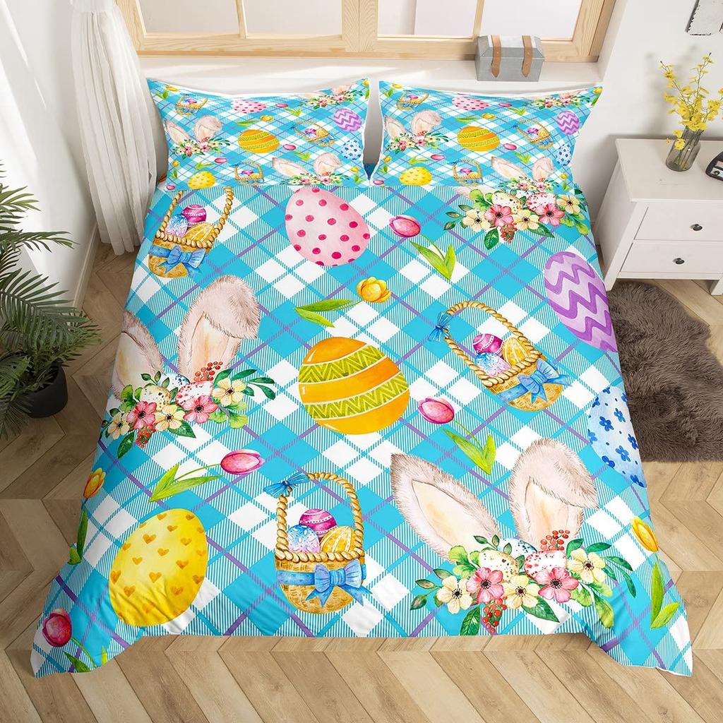 Pink Cherry Blossom Duvet Cover Happy Easter Theme Rabbit Ear Easter Eggs Bedding Set Polyester Butterfly Flower Comforter Cover