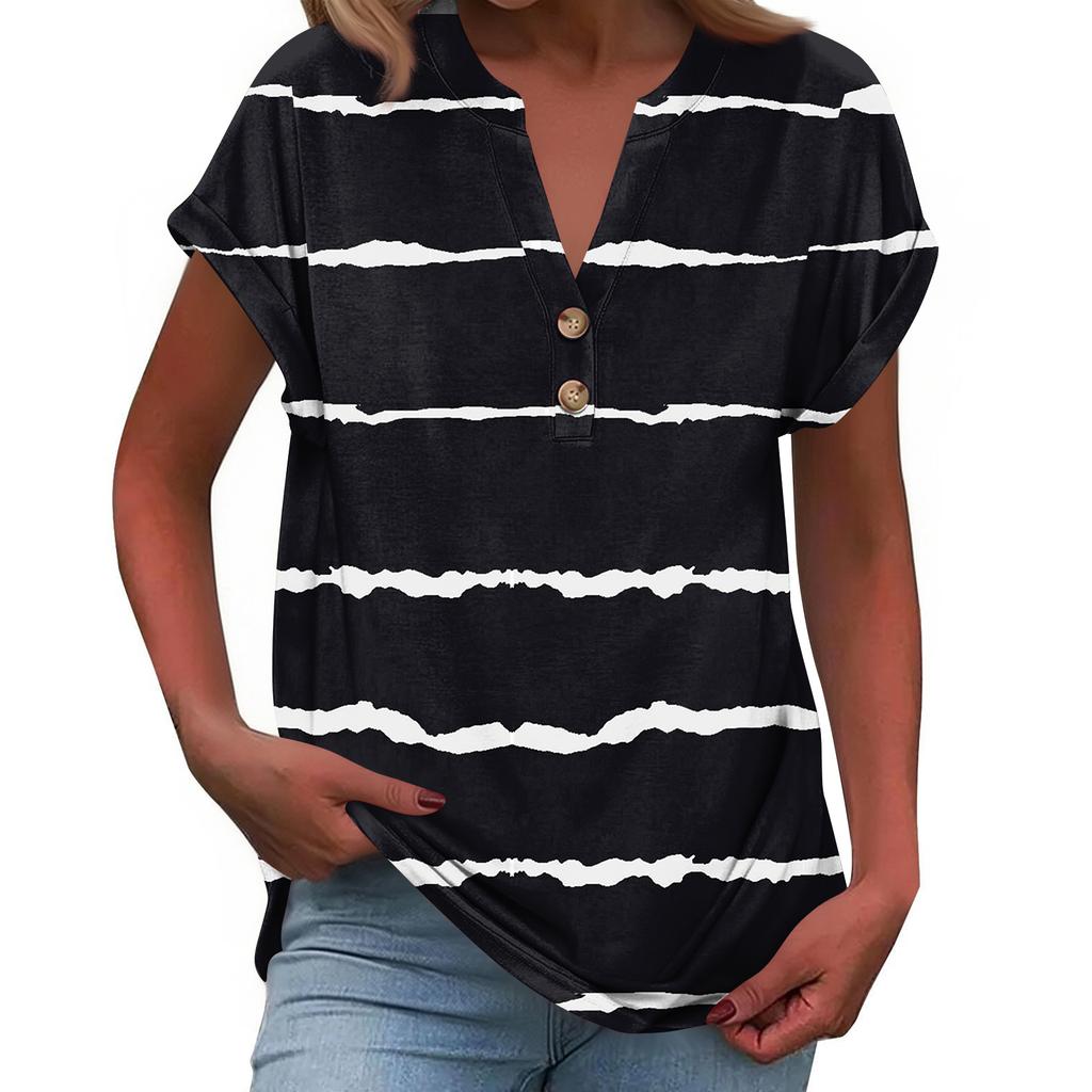 Modisches Lässiges Locker Geschnittenes Kurzärmeliges Knöpfbares V-Ausschnitt Bedrucktes T-Shirt Top für Damen