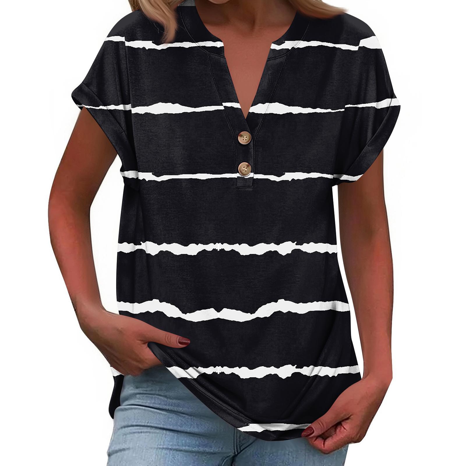 

Женская модная повседневная свободная футболка с коротким рукавом, на пуговицах, с V-образным вырезом и принтом L чёрный