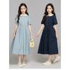 Summer Kids Preppy Student Waisted Party Dresses Child Clothes Teens Peter Pan Girls Daily Wear Button