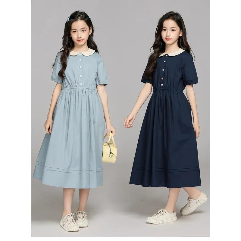 Summer Kids Preppy Student Waisted Party Dresses Child Clothes Teens Peter Pan Girls Daily Wear Button