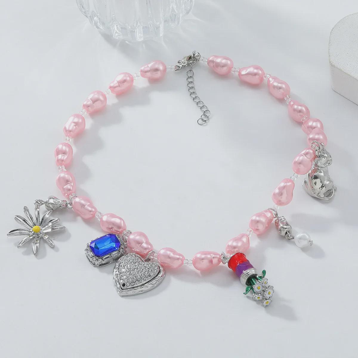 

Pink Beaded Sunflower Love Pendant Necklace with Charms розовый