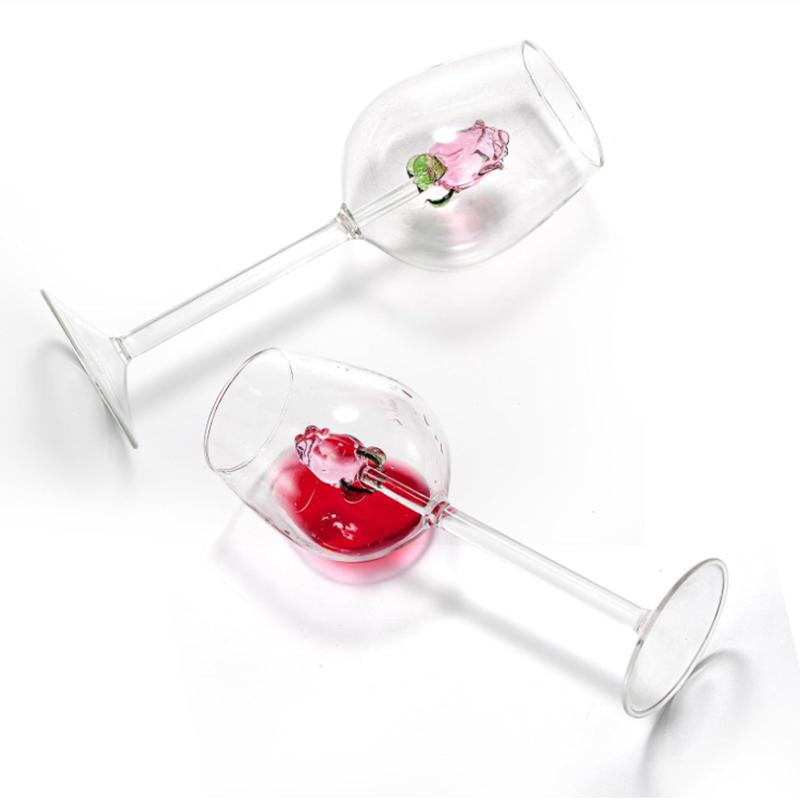 1/2Pcs Creative 3D Rose Red Wine Glasses,Pink Rose Build-In Goblet for Restaurants Parties Bar,Clear Glass Cup Valentine Gifts