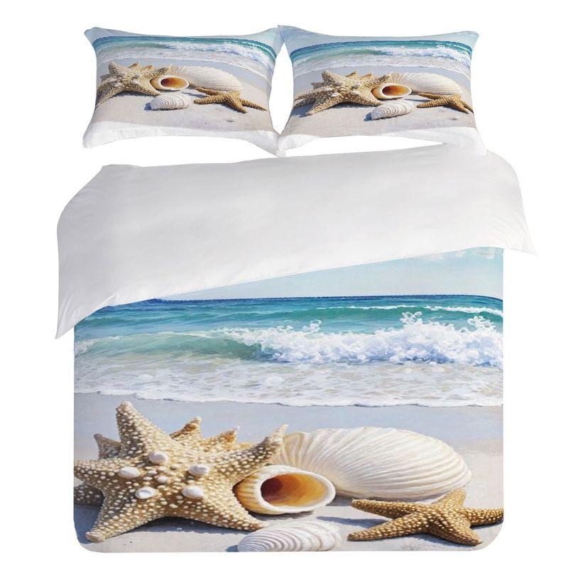 Pillowcase Quilt Cover 3-Piece Bedding Serene Beach Scene Pattern,Washable,Durable,Spring/Summer