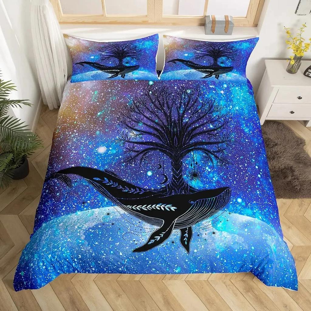 Blue Sea And Galaxy Duvet Cover Set Full,3D Whale Ocean Creatures Bedding Sets Space Starry Mysterious Nebula Comforter Cover