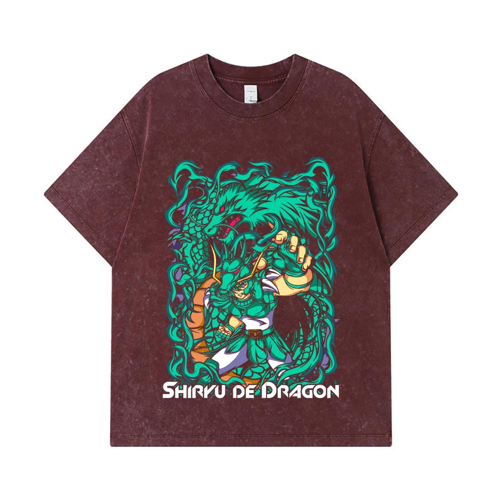275 GSM Washed T-shirts 100% Cotton Saint Seiya V16 Shiryu Print Unisex Heavy Cotton T Shirt
