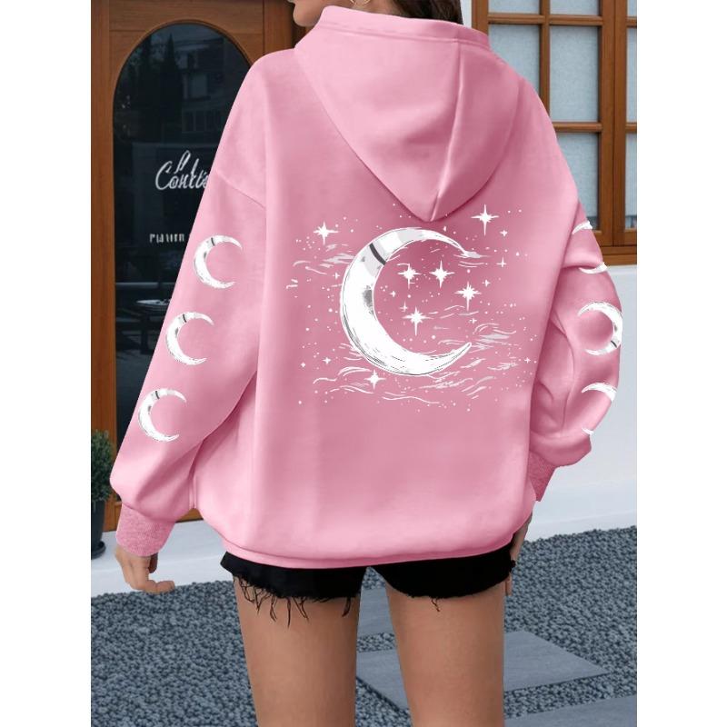 Sun, Moon, and Stars Print, 100% Polyester Plus Size Women's Hooded Sweatshirt