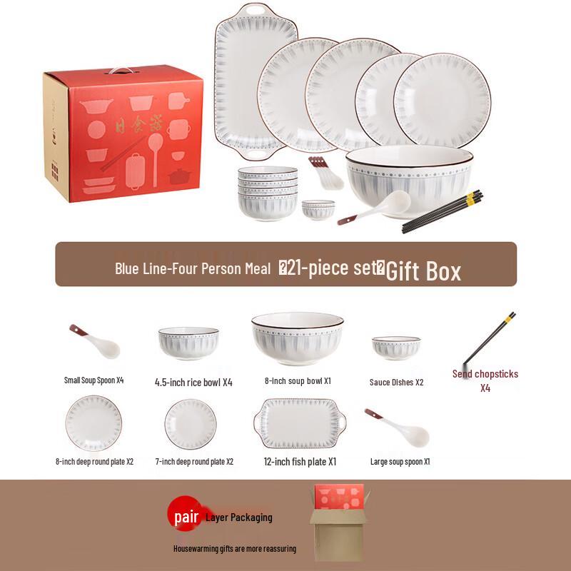 Japanese Blue Stripe Ceramic Dinnerware Set, 21-Piece