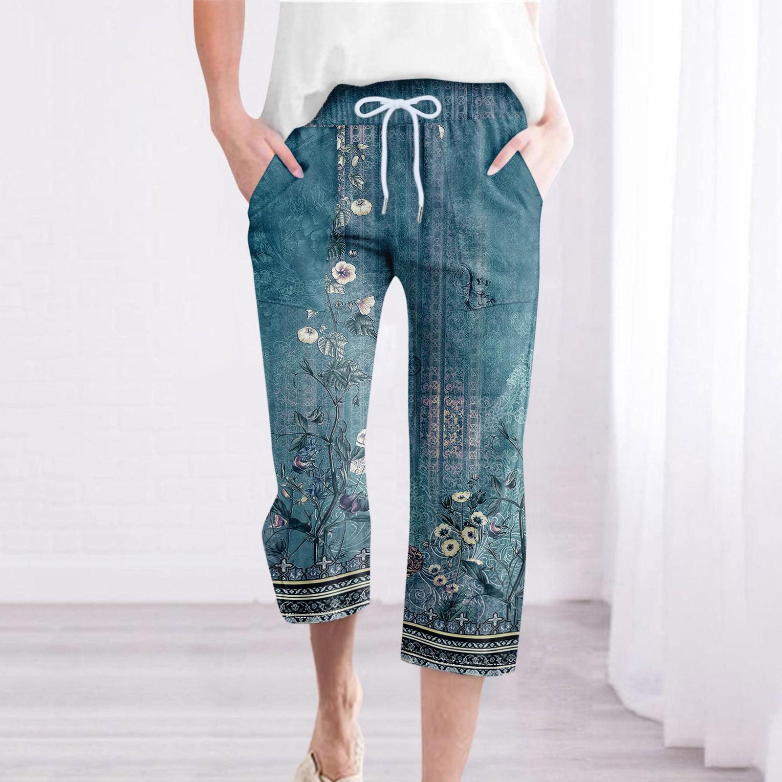 

Брюки для женщин, повседневные летние свободные брюки из хлопка и льна с принтом, брюки до середины штанин с карманами M циан