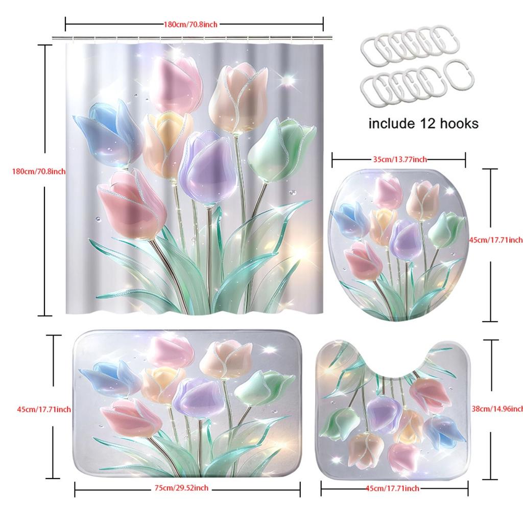 Set Tenda da Doccia da 4 Pezzi con Tappetino Antiscivolo per Bagno, Copriwater, Tappeto Sagomato e 12 Ganci, Decorazione per Bagno
