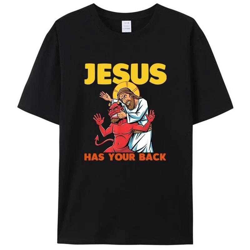 

Футболка «Иисус прикрывает твою спину» Мужская Летняя Персональность Уличная Короткий рукав Хлопок Свободная Круглый вырез Мужская Женская Харадзюку Футбол... S разноцветный