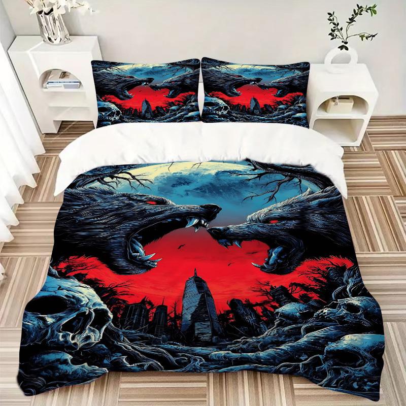 3pcs Anime Wolf Moonlight Bedding Set - Includes One Quilt Cover and Two Pillowcases (No Core) - Perfect for Bedroom and Guest Room Decorati