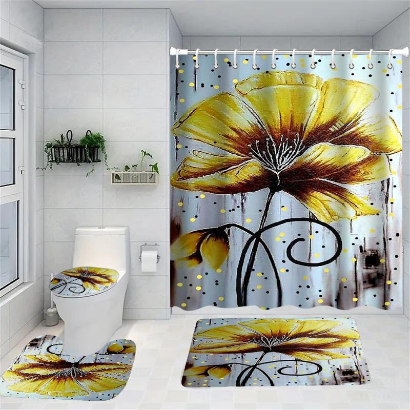 

Pland And Floral Pattern Shower Curtain Bath Sets Waterproof Non-Slip Bathroom Rug Toilet U With 12 Hooks Home Deco W60H190(CM)-1 Pcs
