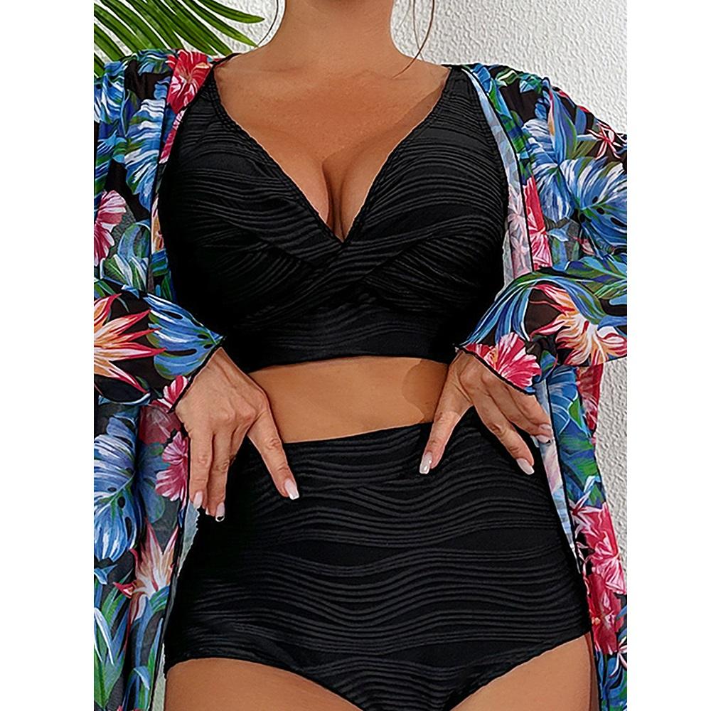 Kvinner tredelt bikinisett Høy midje shorts badedrakter Langermet utskrift Cover Ups Beach Biquinis feminino