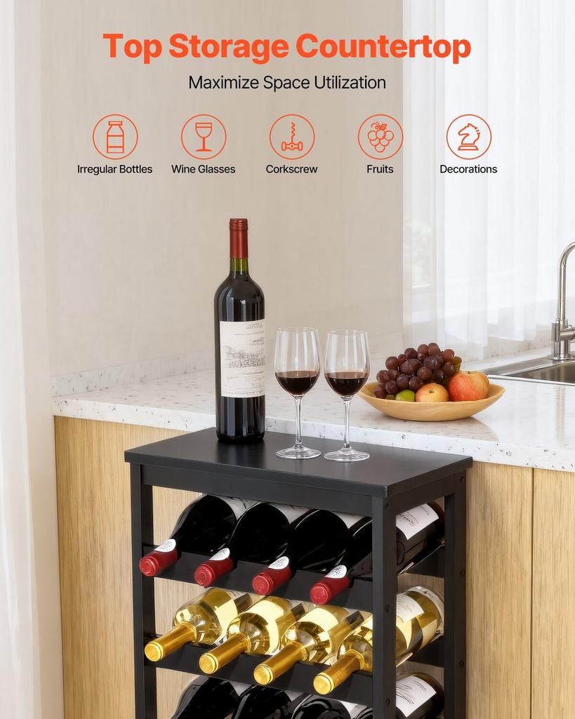 24 Bottle Detachable Wine Rack, 6-Tier Wine Bottle Holder,Solid Bamboo Wood Freestanding Floor Display Wine Storage Shelves with Table Top, for