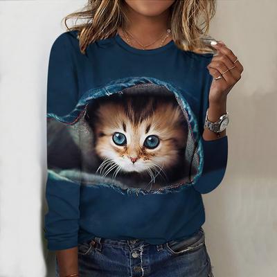 Bluzki na wiosnę i jesień 3D uroczy nadruk kota okrągły dekolt długi rękaw T-shirt jesień swobodny dopasowany sweter damski długi rękaw top