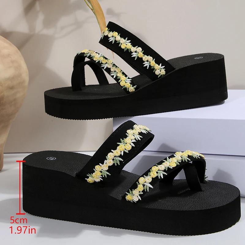Fashion 2025 Thick Bottom Clip Toe Slippers for Women Fashion Floral Fabric Wedge Sandals Woman Summer Eva Wear-Resistant Slides Female