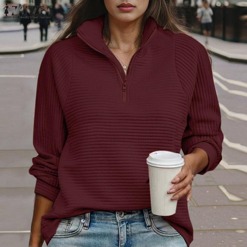 ZANZEA Damen Casual Reißverschluss Stehkragen Langarm Pullover Sweatshirts