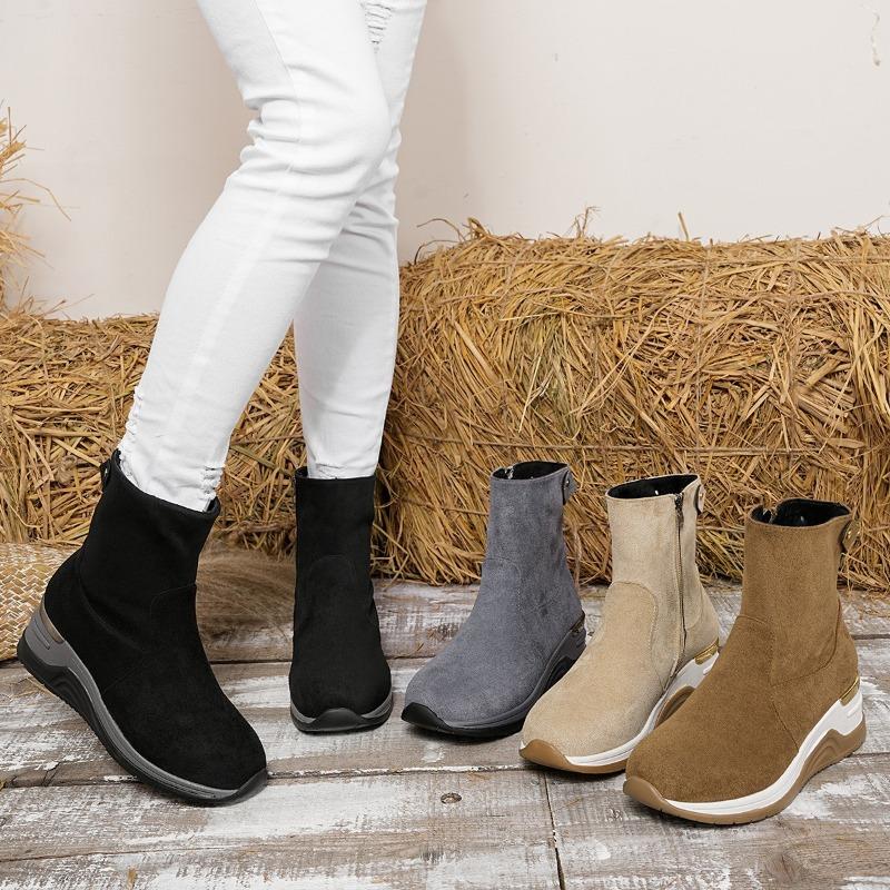 Dames Suede Enkelboots met Brede Wijdte en Sleehak - Enkelboots met Rits aan de Zijkant en Blokhak voor de Herfst, Slankvallende Platform Modeboots