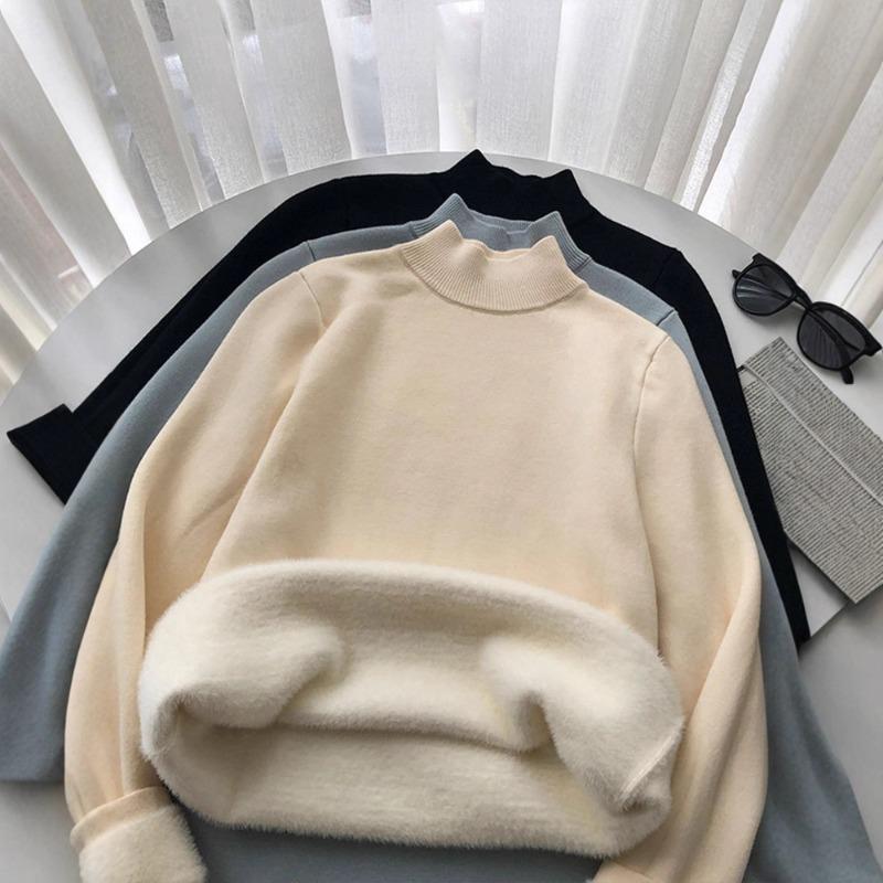 Autumn and Winter New Semi-turtleneck Fleece Sweater Bottoming Shirt Women's Integrated Fleece Thickened, Warm and Slim, Knitted Inside